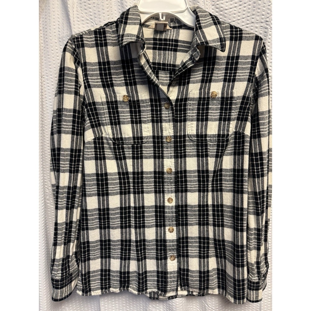 Duluth Trading Women's‎ X-Small 100% Cotton Black White Plaid Flannel Button Up